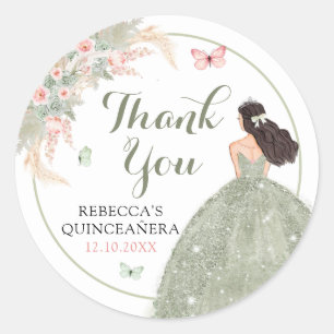 Boho Sage Green Pink Quinceañera Thank You Classic Round Sticker