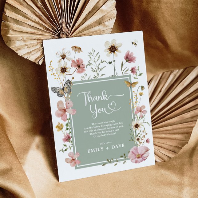 Boho Sage Green Pink Wildflower Garden Baby Shower Thank You Card (Creator Uploaded)