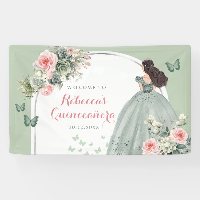 Boho Sage Green Princess Quinceañera Large Banner (Horizontal)