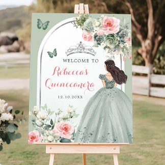 Boho Sage Green Princess Quinceañera Welcome Poster