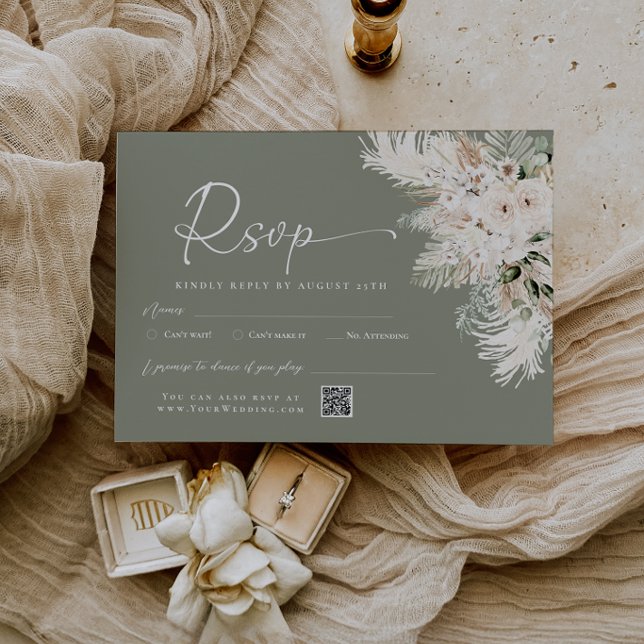 Boho Sage Green QR Code Wedding RSVP Reply Card (Boho Sage Green QR Code Wedding RSVP Reply Card)