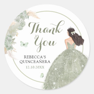 Boho Sage Green Quinceañera Thank You Classic Round Sticker
