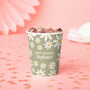 Boho Sage Green Retro Daisies Birthay Party Paper Cups