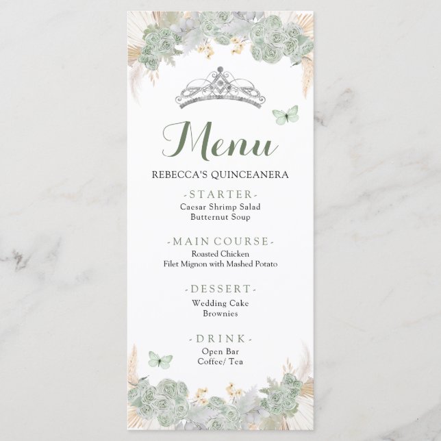 Boho Sage Green Roses Royal Quinceañera Menu (Front)
