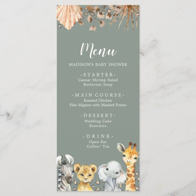 Boho Sage Green Safari Oh Boy Baby Shower Menu (Front)