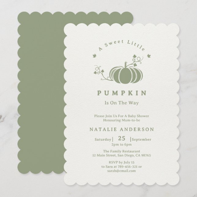 Boho Sage Green Sweet Little Pumpkin Baby Shower Invitation (Front/Back)