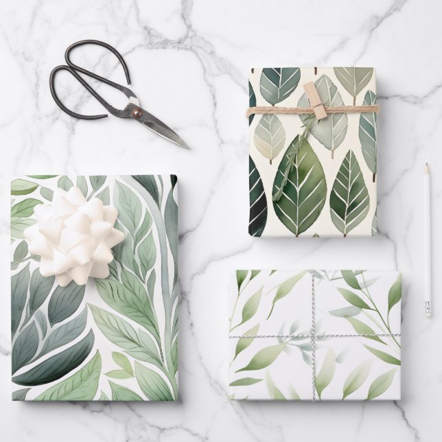 Boho Sage Green Watercolor Botanical Patterns Wrapping Paper Sheet (Front)