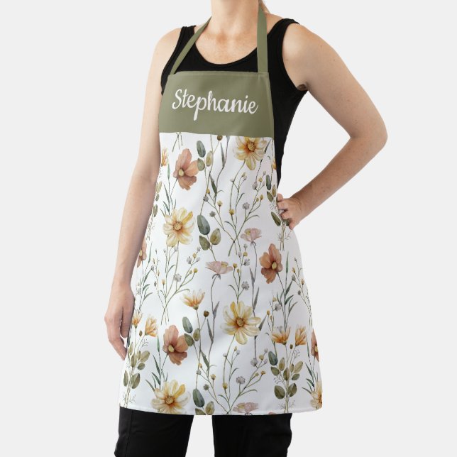 Boho Sage Green Watercolor Wildflower Custom Name Apron (Insitu)