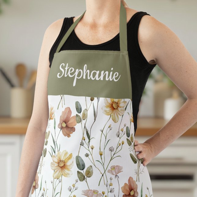 Boho Sage Green Watercolor Wildflower Custom Name Apron (Creator Uploaded)