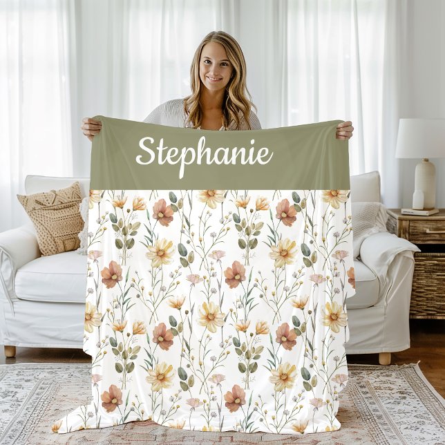 Boho Sage Green Watercolor Wildflower Name Fleece Blanket (Creator Uploaded)