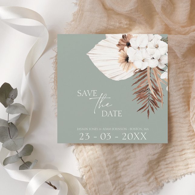 Boho Sage Green White Pampas Grass Wedding Save The Date (Creator Uploaded)
