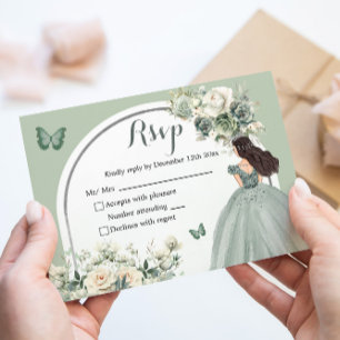 Boho Sage Green White Roses Princess XV Años Reply RSVP Card