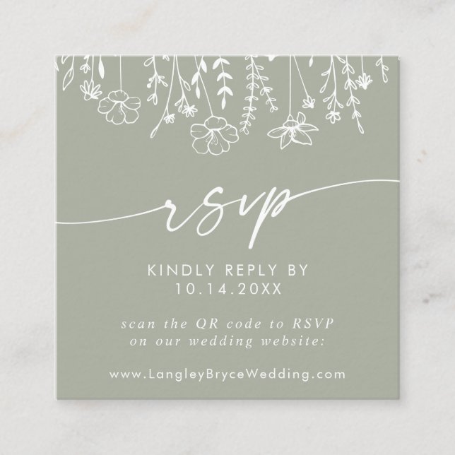 Boho Sage Green Wildflower Wedding QR Code RSVP  Enclosure Card (Front)