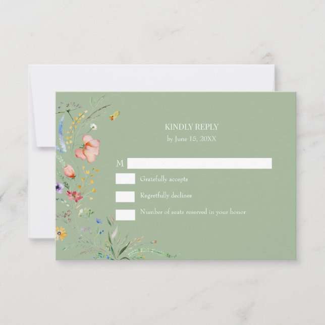 Boho Sage Green Wildflower Wedding RSVP Card (Front)
