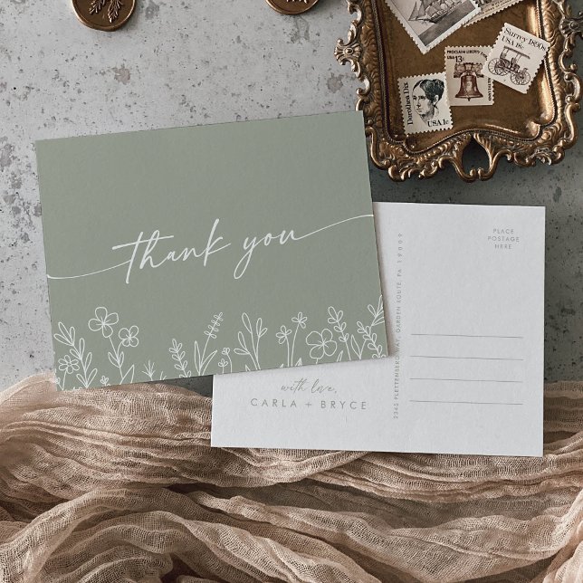 Boho Sage Green Wildflower Wedding Thank You Postcard (Creator Uploaded)