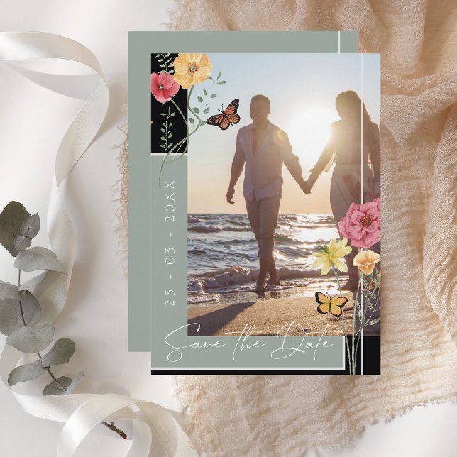 Boho Sage Green Wildflowers Photo Save the Date (Creator Uploaded)