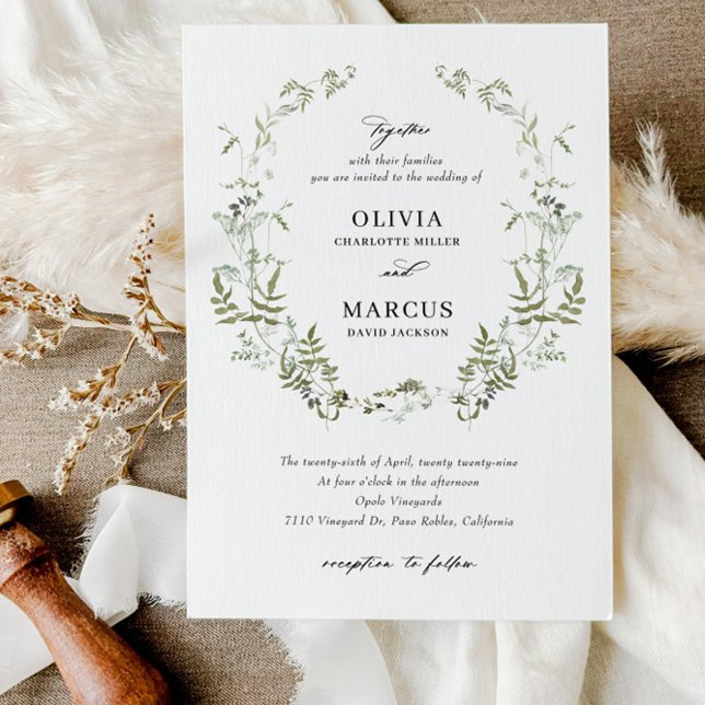 Boho Sage Greenery Botanical Wedding Invitation (Foliage Wreath Invitation Set)