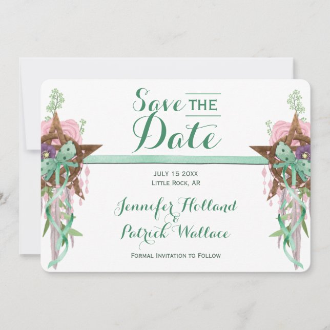Boho Sage & Pink Wicca Pentacle Handfasting Save The Date (Front)