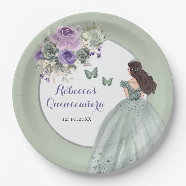 Boho Sage Purple Dress Princess Girl Sweet 16 Años Paper Plate (Front)