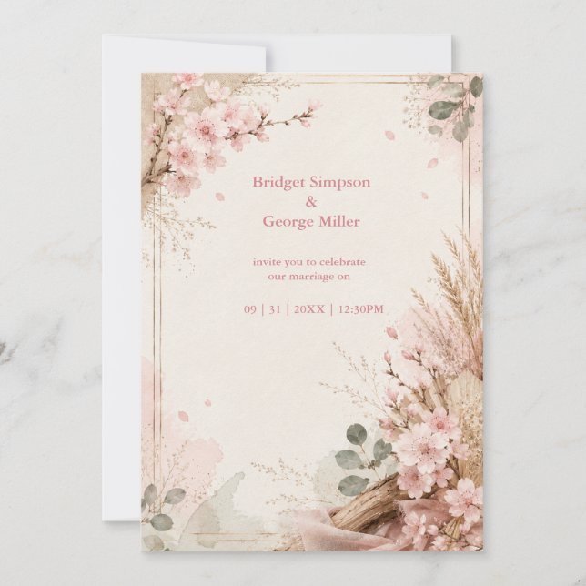Boho Sakura Rustic Wedding Blooms Invitation (Front)