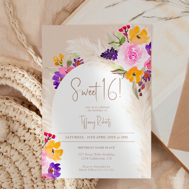 Boho sand floral pampas desert arch Sweet 16 Invitation (Boho sand floral pampas desert arch Sweet 16 Invitation)