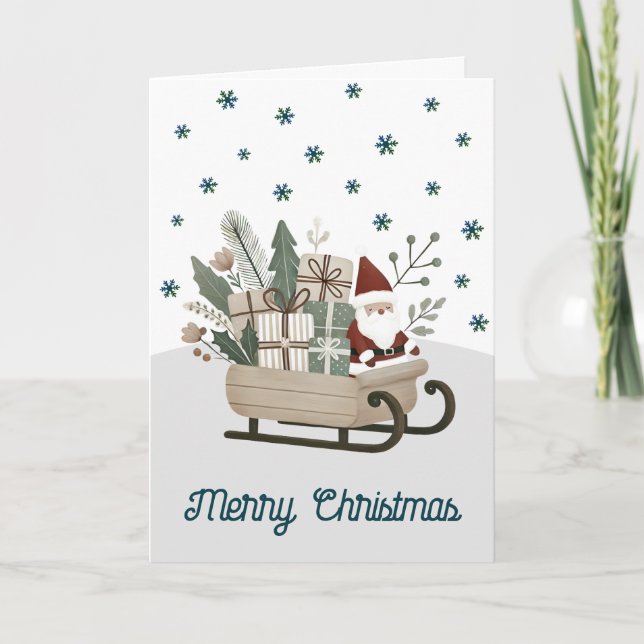 Boho Santa on Sleigh With Gifts Snowflakes  Holiday Card (Front)