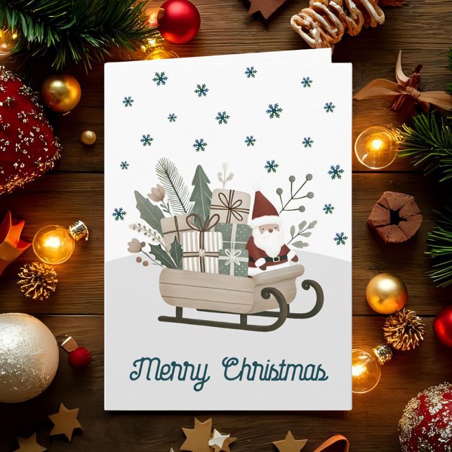 Boho Santa on Sleigh With Gifts Snowflakes  Holiday Card (Creator Uploaded)