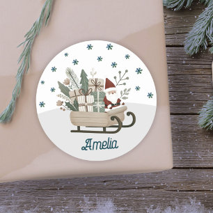 Boho Santa on Sleigh With Gifts Snowflakes Name Classic Round Sticker