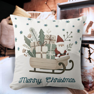Boho Santa on Sleigh With Gifts Snowflakes Name Cushion