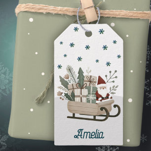 Boho Santa on Sleigh With Gifts Snowflakes Name Gift Tags