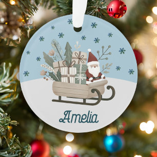 Boho Santa on Sleigh With Gifts Snowflakes Name Ornament