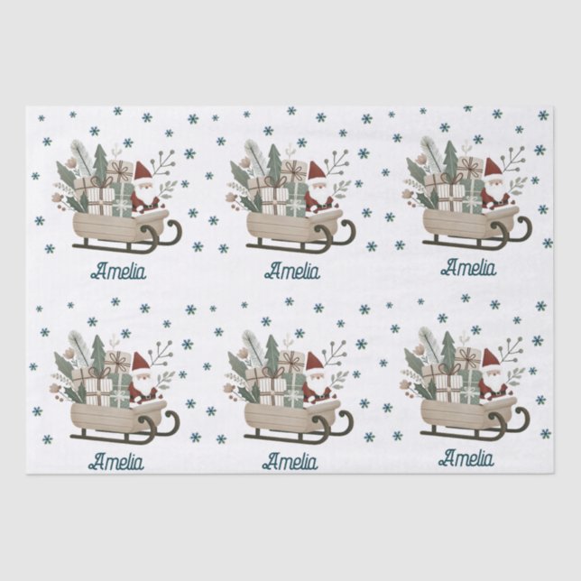 Boho Santa on Sleigh With Gifts Snowflakes Name Tissue Paper (Front)