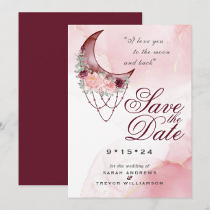 Boho Save the Date  Pink Maroon Crescent Moon Invitation