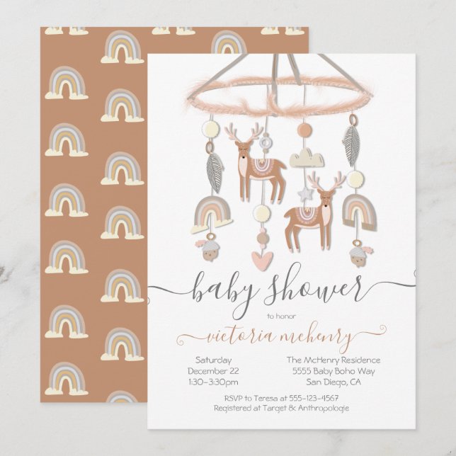 Boho Scandi Deer Forest Mobile Baby Shower Invitation (Front/Back)