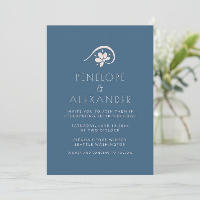 Boho Scandinavian Blue Floral Wedding Invitation (Standing Front)