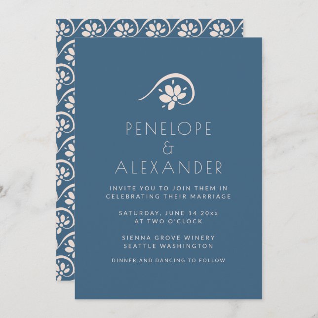 Boho Scandinavian Blue Floral Wedding Invitation (Front/Back)