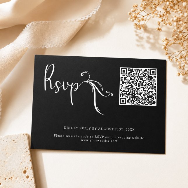 Boho Script Black Wedding QR Code Budget RSVP Card (Creator Uploaded)