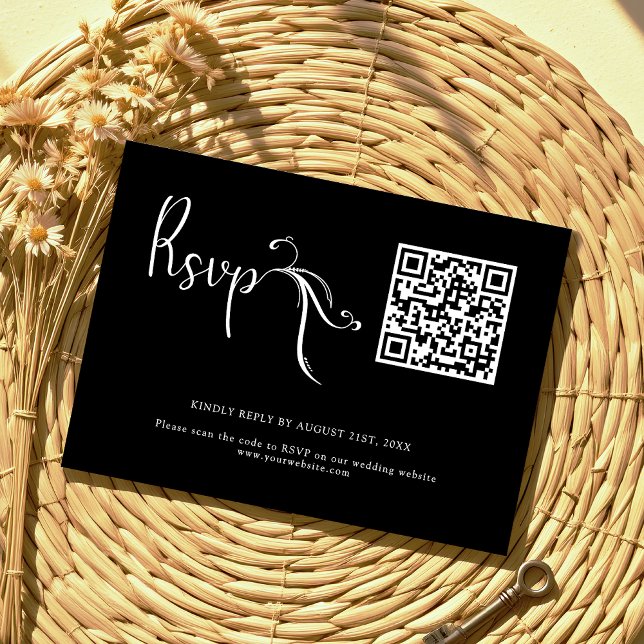 Boho Script Black Wedding QR Code Budget RSVP Card (Creator Uploaded)