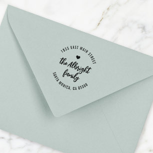 Boho Script Family Name Heart Round Return Address Rubber Stamp