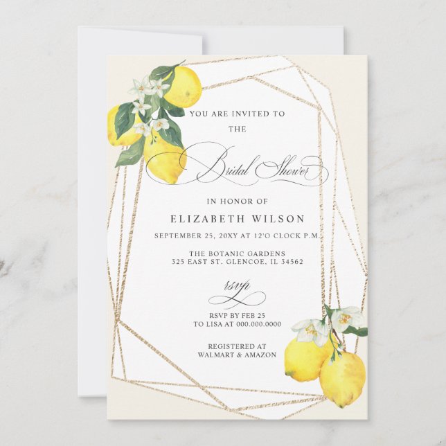 Boho Script Lemon Citrus Summer Bridal Shower Invitation (Front)