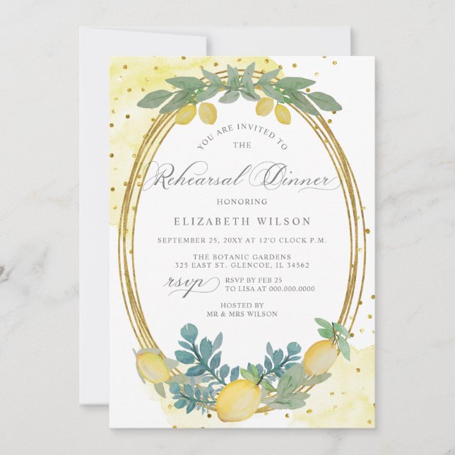 Boho Script Lemon Citrus Summer Rehearsal Dinner Invitation (Front)