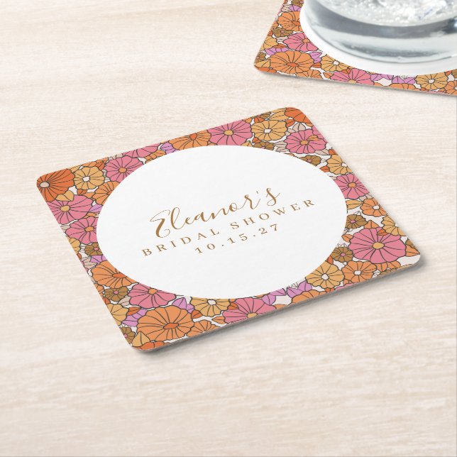 Boho Script Ochre Pink Floral Bridal Shower Custom Square Paper Coaster (Angled)