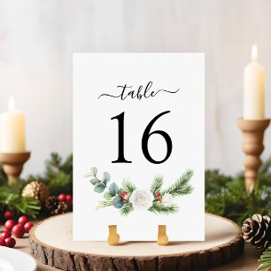 Boho Script Winter Greenery Evergreen Wedding Table Number