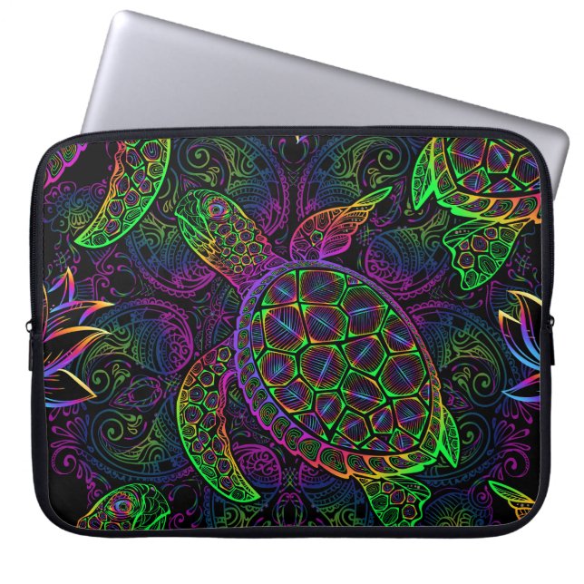 Boho Sea Turtle: Psychedelic Mandala Pattern Laptop Sleeve (Front)