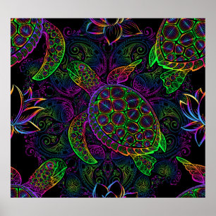 Boho Sea Turtle: Psychedelic Mandala Pattern Poster