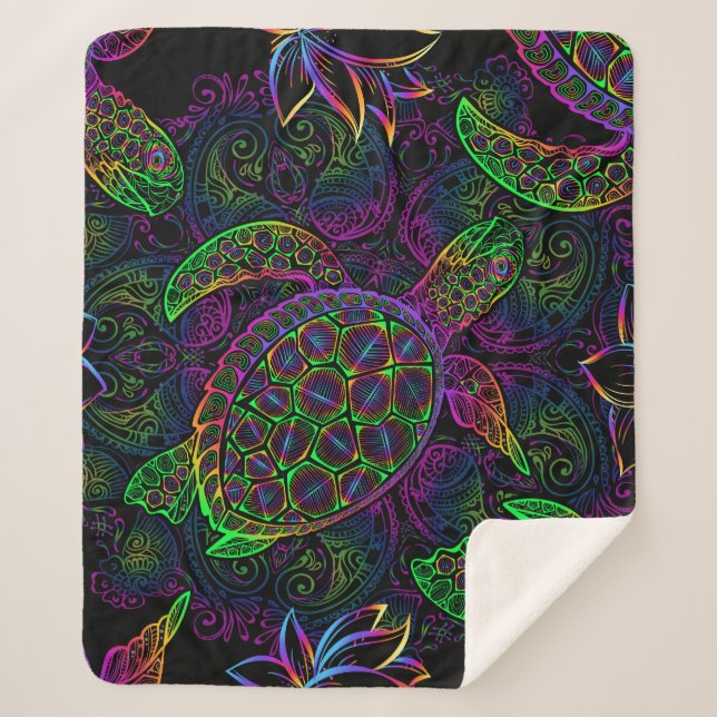 Boho Sea Turtle: Psychedelic Mandala Pattern Sherpa Blanket (Front)