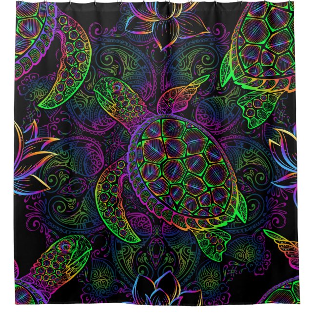 Boho Sea Turtle: Psychedelic Mandala Pattern Shower Curtain (Front)