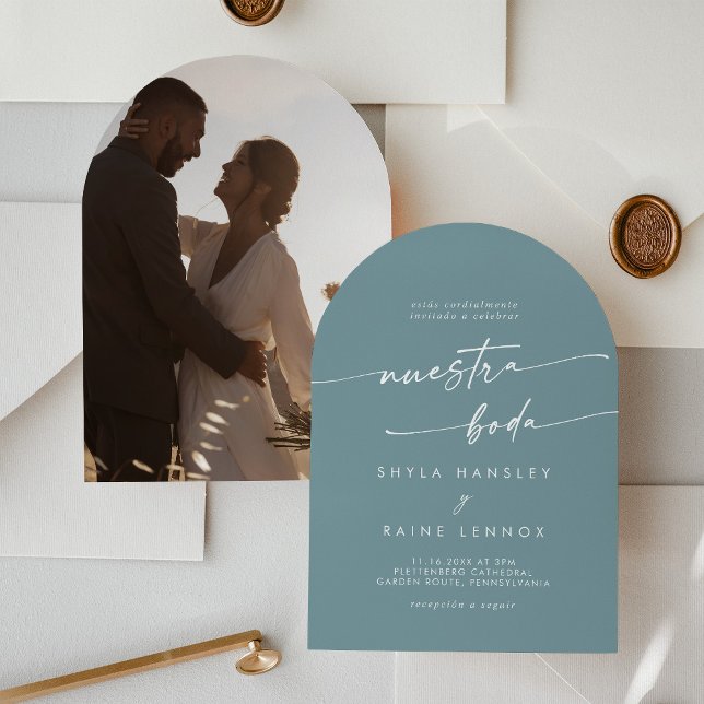 Boho Seafoam Teal Photo Arch Spanish Wedding Invitation (Creator Uploaded)