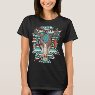 Boho Serape Turquoise Aztec Cow Bull Skull Western T-Shirt