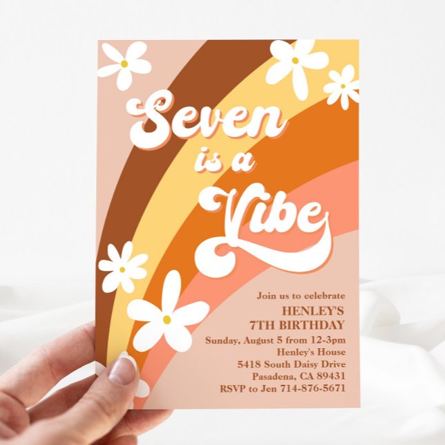 Boho Seven is a Vibe Retro Daisies Rainbow Invitation (Creator Uploaded)